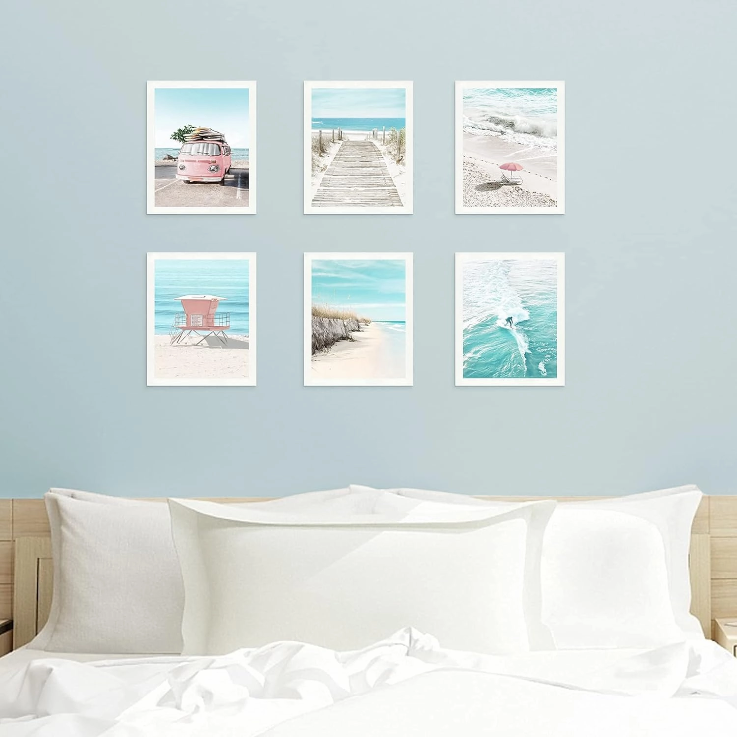 Coastal Wall Art Beach Prints Decor Set of 6 Summer Seascape Theme Pictures Boardwalk, Beach Chair, Pink Van, Surfing Posters for Home Unframed 8x10 Inch