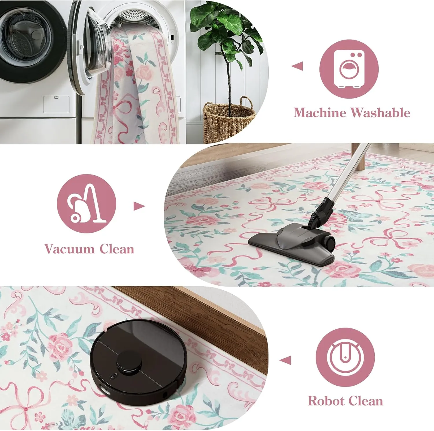 Collive Pink Floral Rugs for Girls, 5x7 Washable Bow Area Rug for Living Room, Cute Ultra-Thin Non Slip Indoor Decor Carpet for Nursery Kids Room Bedroom Playroom (Pink 5' x 7')