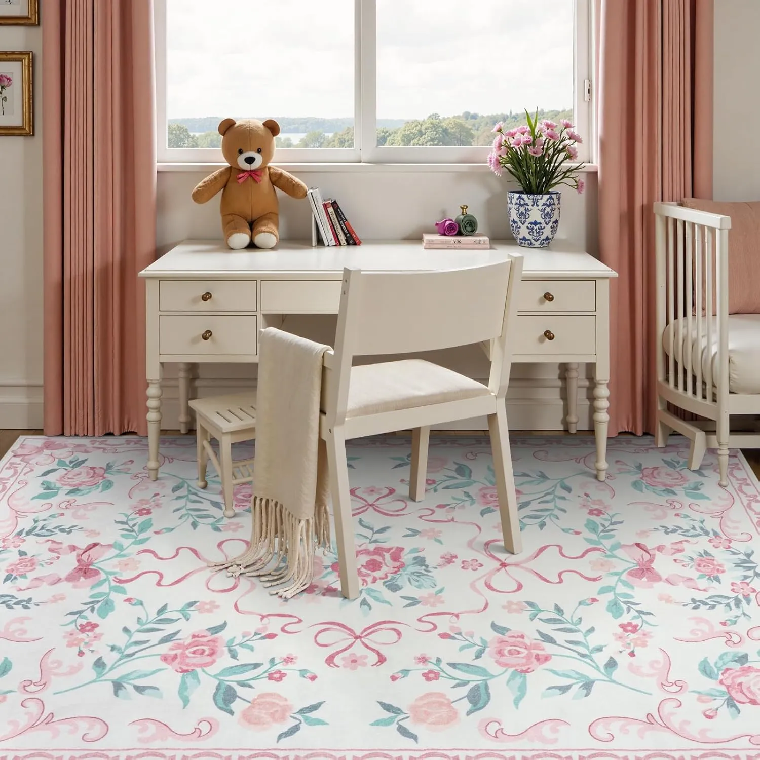 Collive Pink Floral Rugs for Girls, 5x7 Washable Bow Area Rug for Living Room, Cute Ultra-Thin Non Slip Indoor Decor Carpet for Nursery Kids Room Bedroom Playroom (Pink 5' x 7')