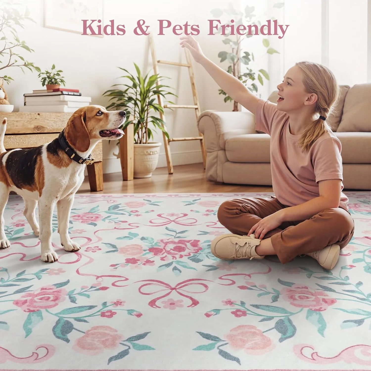 Collive Pink Floral Rugs for Girls, 5x7 Washable Bow Area Rug for Living Room, Cute Ultra-Thin Non Slip Indoor Decor Carpet for Nursery Kids Room Bedroom Playroom (Pink 5' x 7')