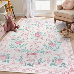 Collive Pink Floral Rugs for Girls, 5x7 Washable Bow Area Rug for Living Room, Cute Ultra-Thin Non Slip Indoor Decor Carpet for Nursery Kids Room Bedroom Playroom (Pink 5' x 7')
