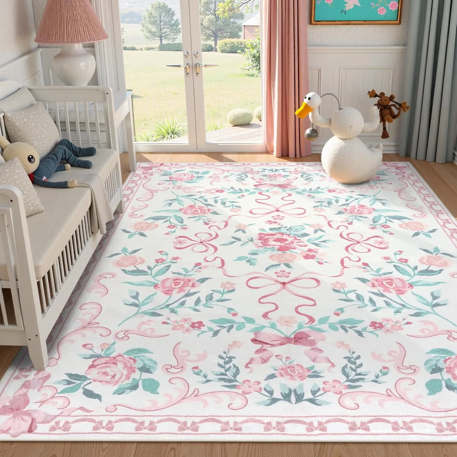 Collive Pink Floral Rugs for Girls, 5x7 Washable Bow Area Rug for Living Room, Cute Ultra-Thin Non Slip Indoor Decor Carpet for Nursery Kids Room Bedroom Playroom (Pink 5' x 7')