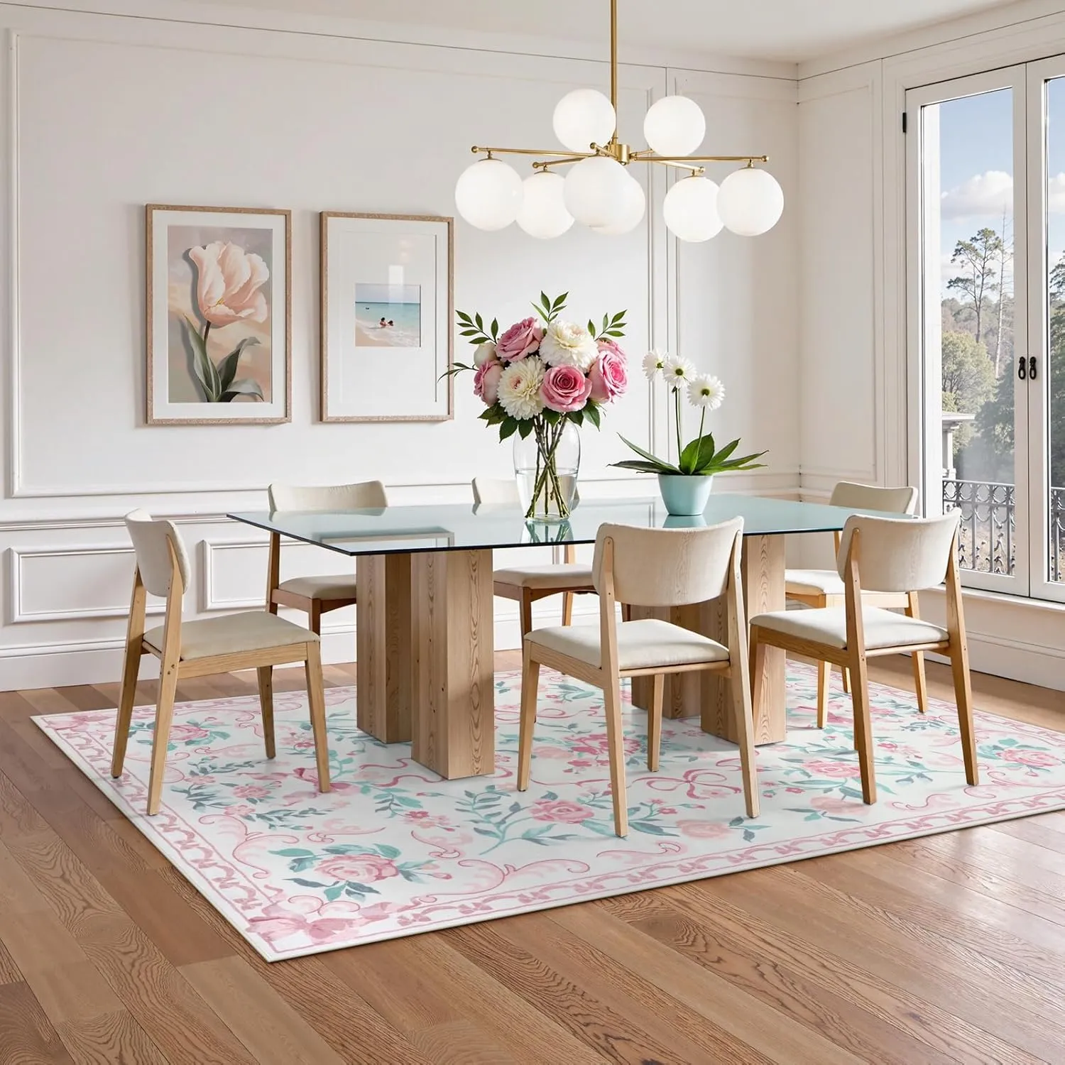 Collive Pink Floral Rugs for Girls, 5x7 Washable Bow Area Rug for Living Room, Cute Ultra-Thin Non Slip Indoor Decor Carpet for Nursery Kids Room Bedroom Playroom (Pink 5' x 7')