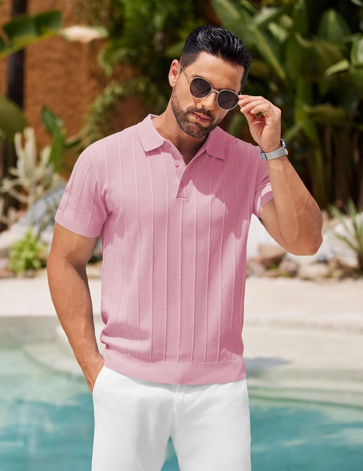 COOFANDY Mens Knit Polo Shirts Short Sleeve Ribbed Textured Polo Shirt Lightweight Casual Golf Shirts Collared T Shirt