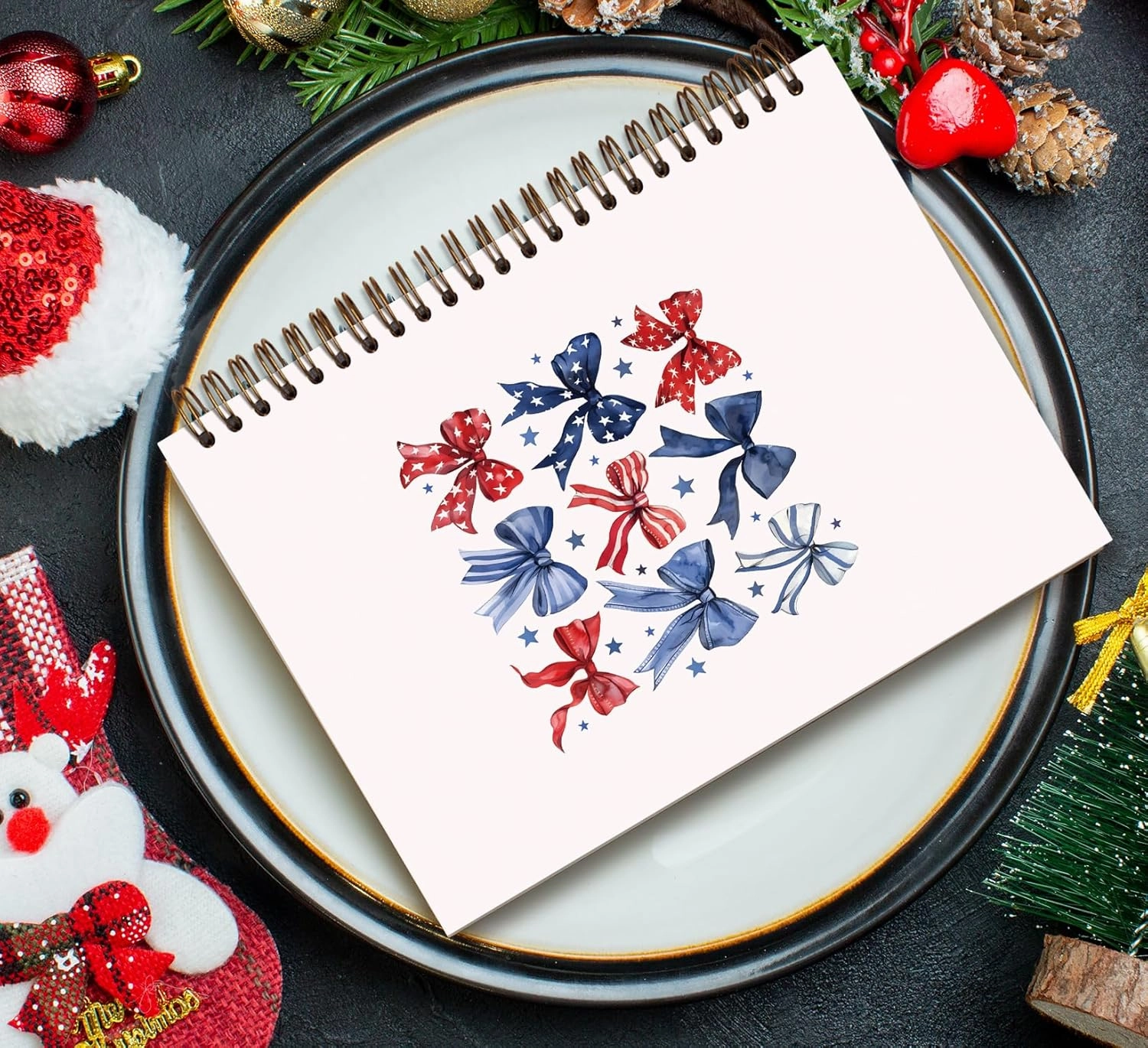 Coquette Blue White Red Bow Spiral Notebook, Independence Day Patriotic Journal Gifts for Women, 4th of July Gifts for Women, College Ruled Hardcover Spiral Notebook 5.5x8.3