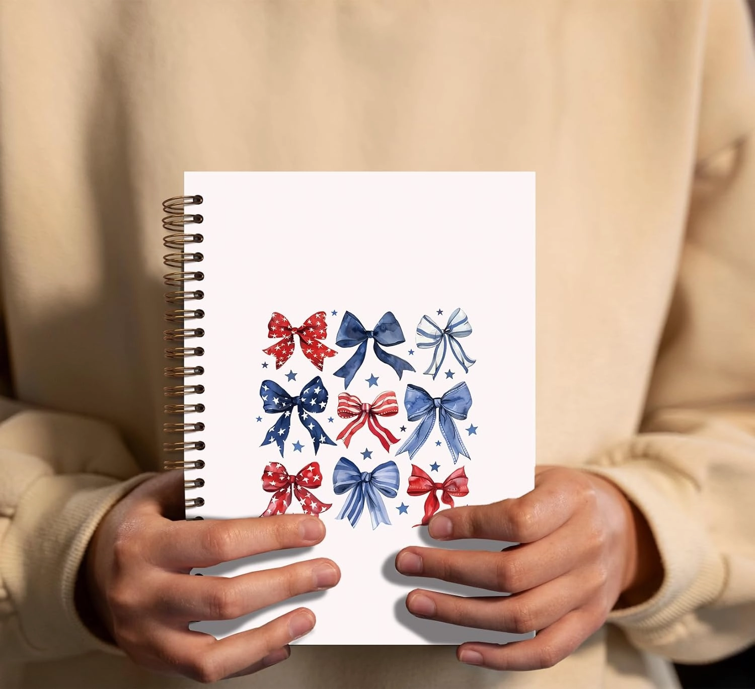 Coquette Blue White Red Bow Spiral Notebook, Independence Day Patriotic Journal Gifts for Women, 4th of July Gifts for Women, College Ruled Hardcover Spiral Notebook 5.5x8.3