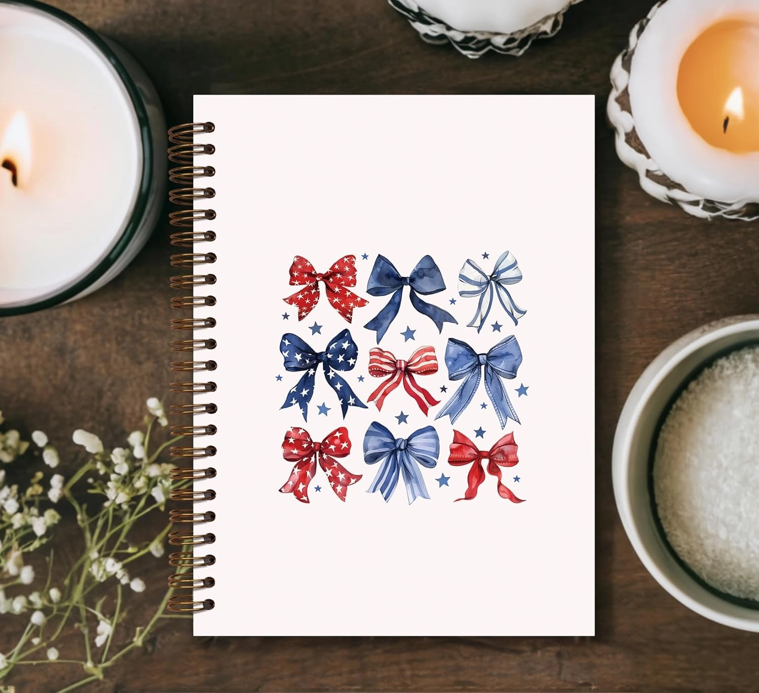 Coquette Blue White Red Bow Spiral Notebook, Independence Day Patriotic Journal Gifts for Women, 4th of July Gifts for Women, College Ruled Hardcover Spiral Notebook 5.5x8.3