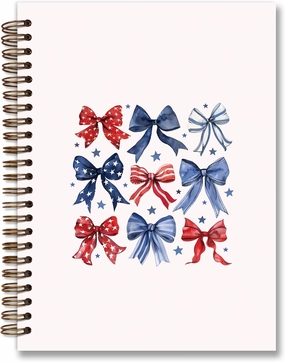 Coquette Blue White Red Bow Spiral Notebook, Independence Day Patriotic Journal Gifts for Women, 4th of July Gifts for Women, College Ruled Hardcover Spiral Notebook 5.5x8.3