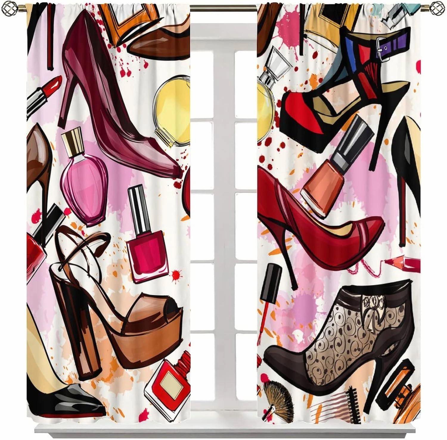 Cosmetic Curtains Fashion Curtains Perfume Lipsticks High Heels for Living Room Girls' Rooms Children's Bedrooms Blackout Rod Pocket Printed Window Drapes 2 Panel 42x45in