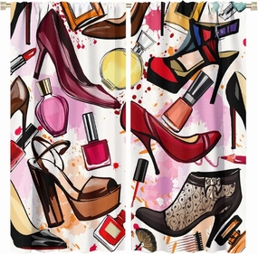 Cosmetic Curtains Fashion Curtains Perfume Lipsticks High Heels for Living Room Girls' Rooms Children's Bedrooms Blackout Rod Pocket Printed Window Drapes 2 Panel 42x45in