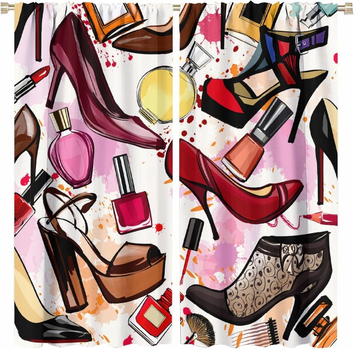Cosmetic Curtains Fashion Curtains Perfume Lipsticks High Heels for Living Room Girls' Rooms Children's Bedrooms Blackout Rod Pocket Printed Window Drapes 2 Panel 42x45in