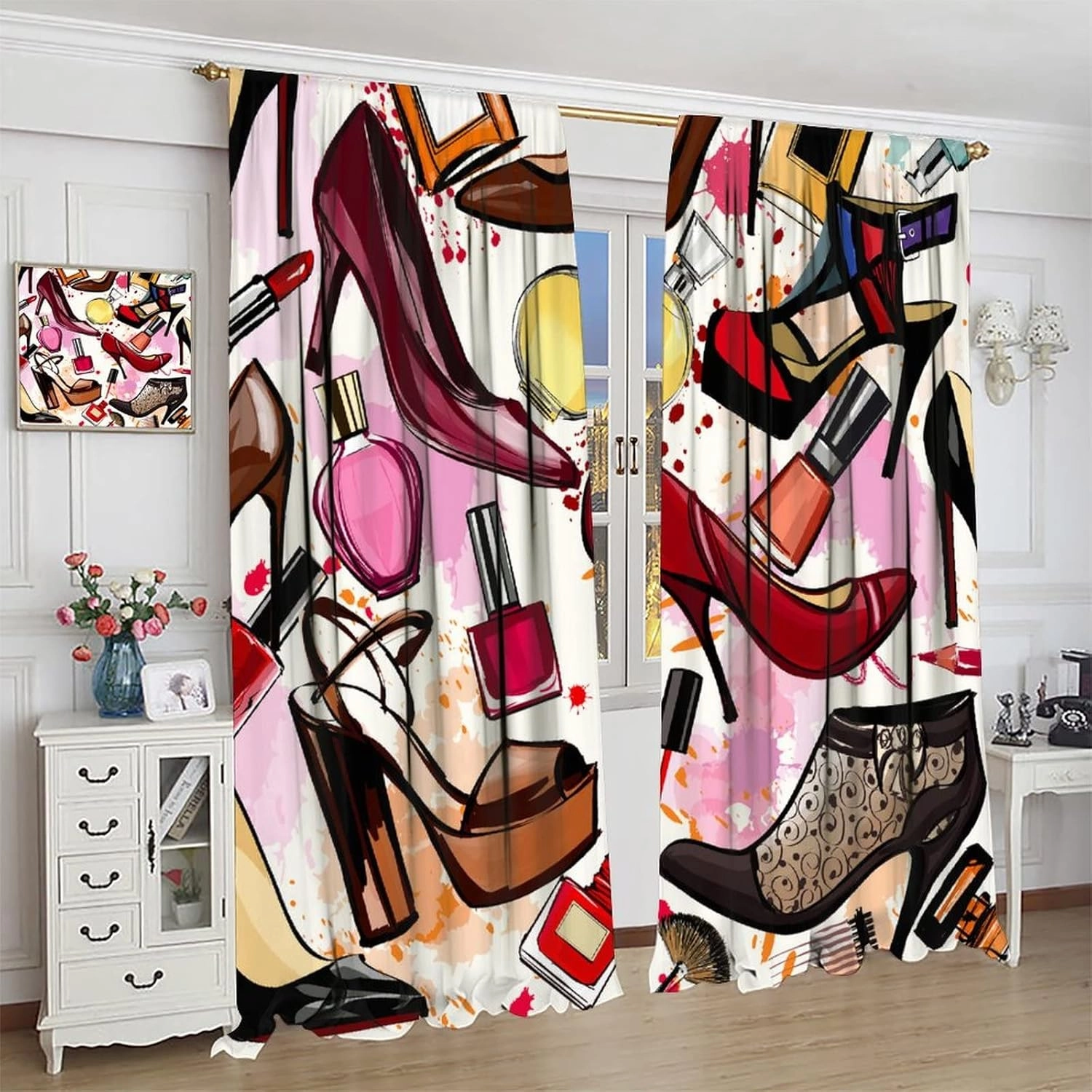 Cosmetic Curtains Fashion Curtains Perfume Lipsticks High Heels for Living Room Girls' Rooms Children's Bedrooms Blackout Rod Pocket Printed Window Drapes 2 Panel 42x45in
