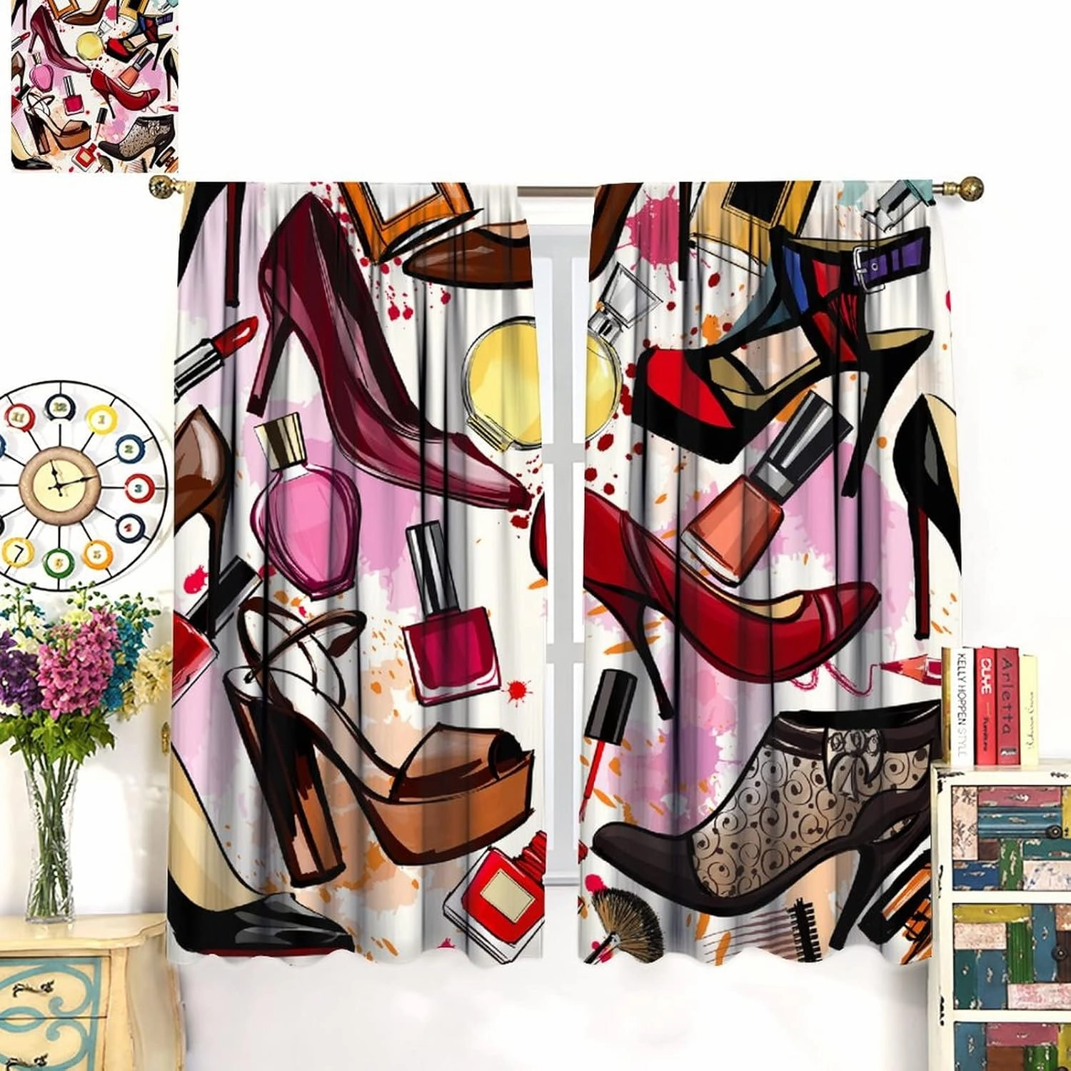 Cosmetic Curtains Fashion Curtains Perfume Lipsticks High Heels for Living Room Girls' Rooms Children's Bedrooms Blackout Rod Pocket Printed Window Drapes 2 Panel 42x45in