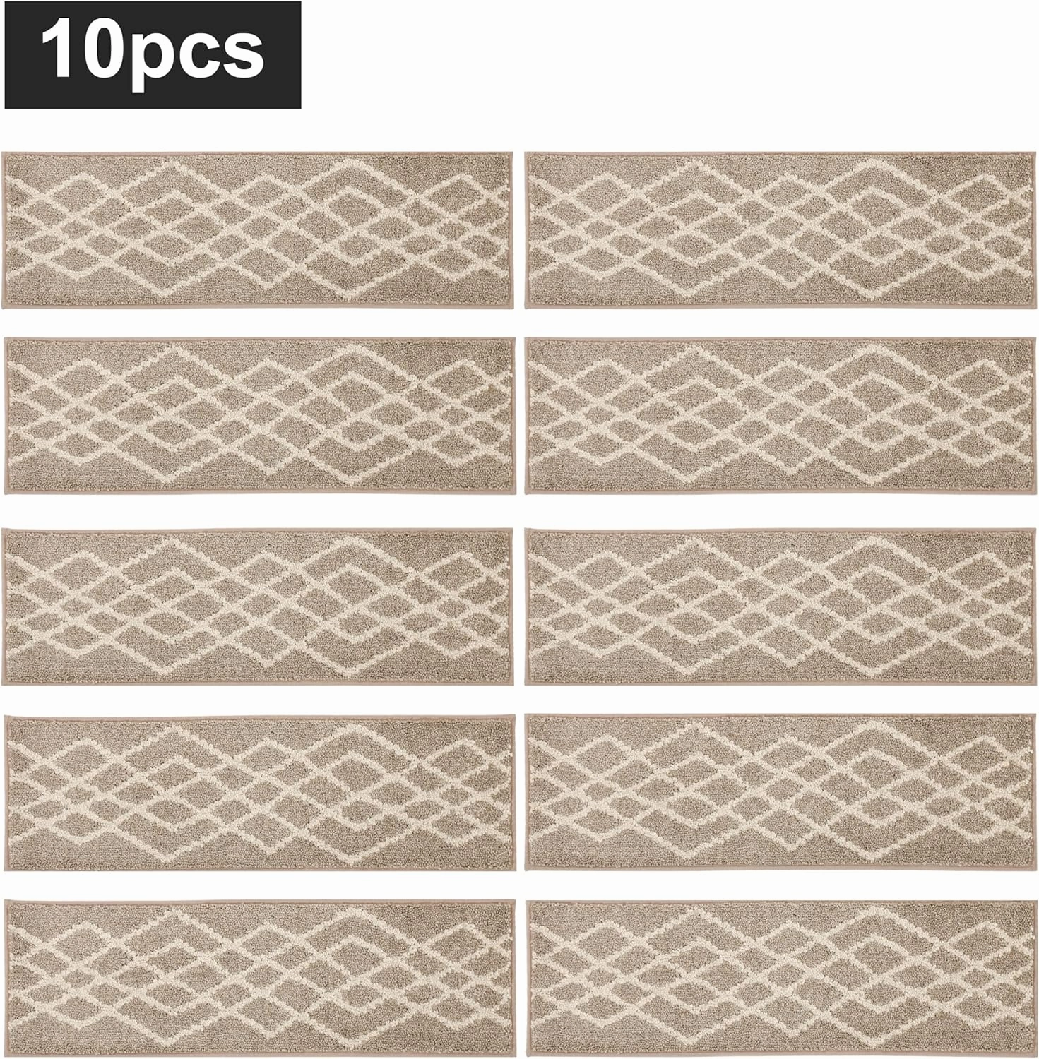 COSY HOMEER Soft Stair Treads Non-Slip Carpet Mat 28inX9in Indoor Stair Runners for Wooden Steps,Stair Rugs for Kids and Dogs, 100% Polyester TPE Backing 10pcs,Beige,Rhombus