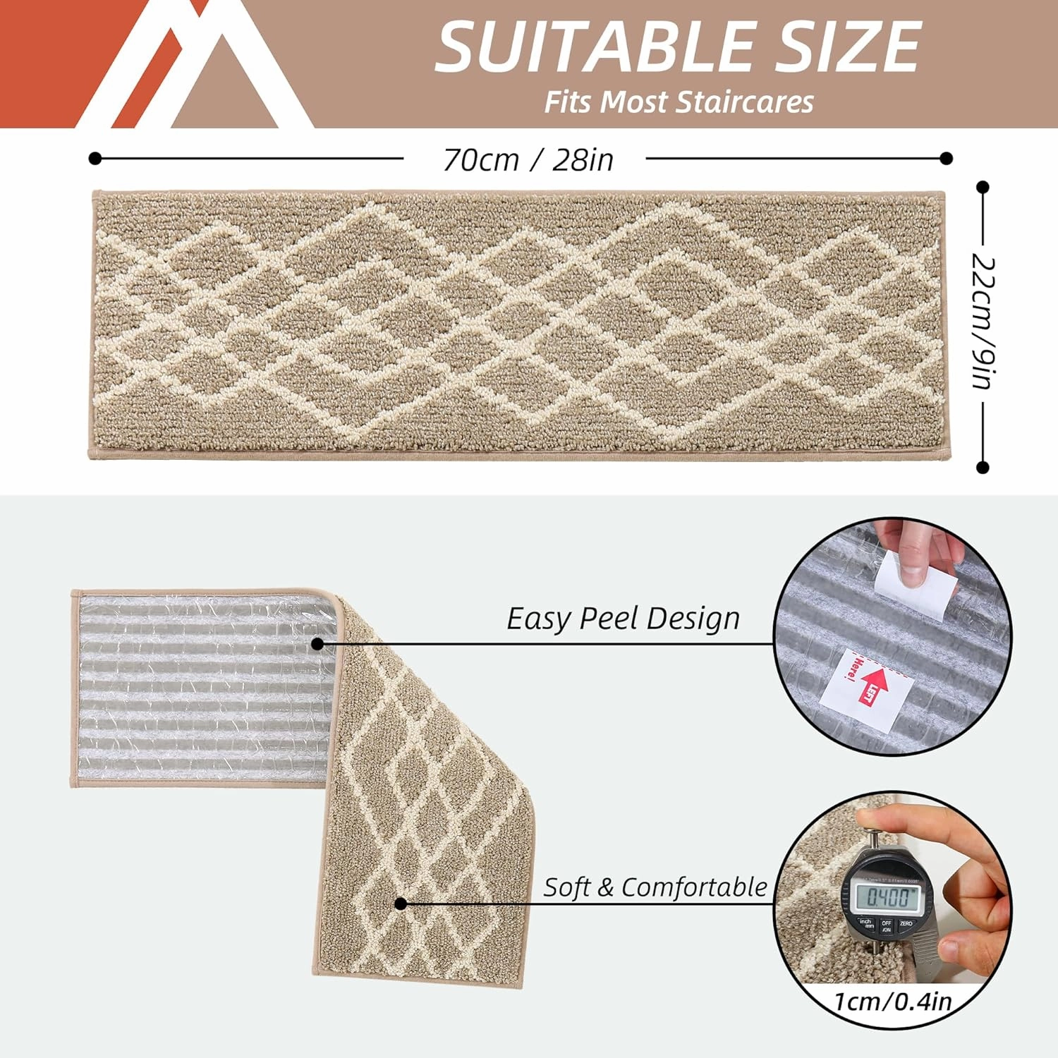 COSY HOMEER Soft Stair Treads Non-Slip Carpet Mat 28inX9in Indoor Stair Runners for Wooden Steps,Stair Rugs for Kids and Dogs, 100% Polyester TPE Backing 4pcs,Beige,Rhombus
