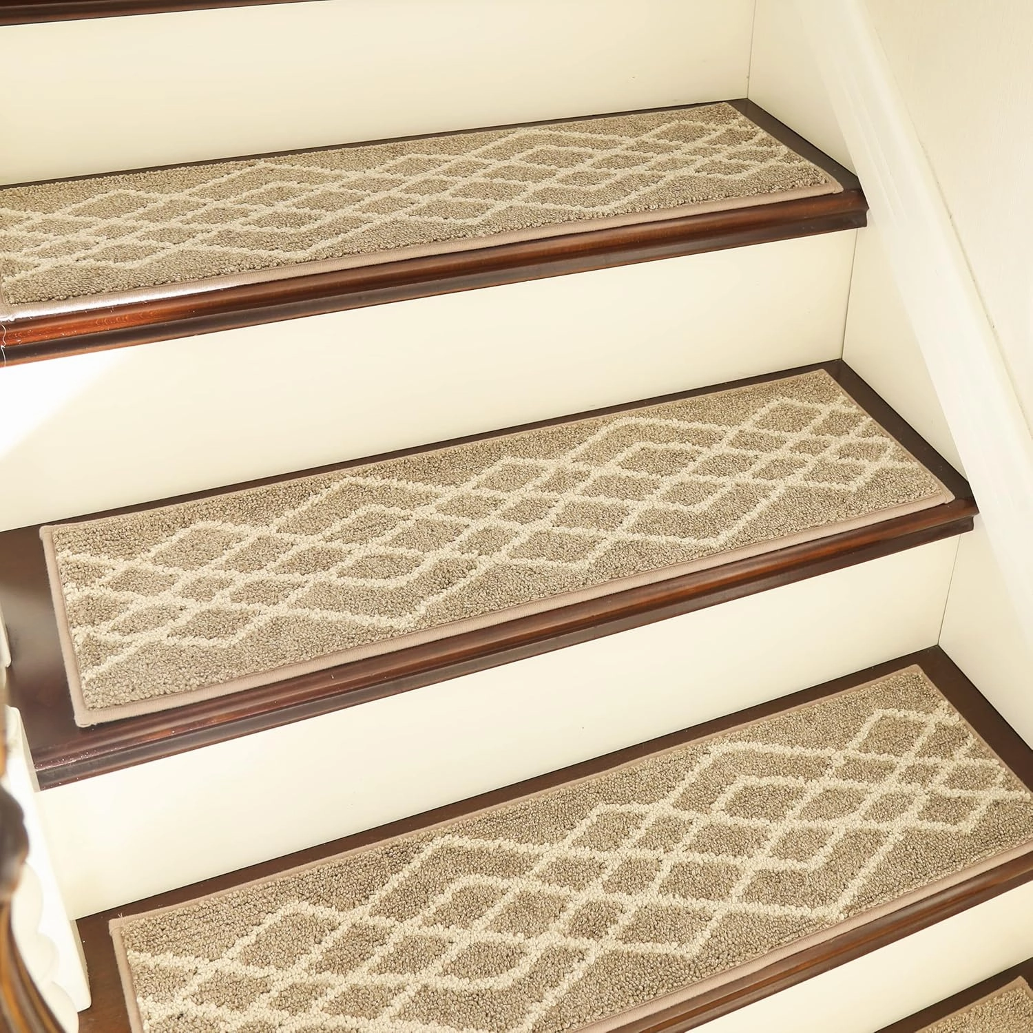 COSY HOMEER Soft Stair Treads Non-Slip Carpet Mat 28inX9in Indoor Stair Runners for Wooden Steps,Stair Rugs for Kids and Dogs, 100% Polyester TPE Backing 4pcs,Beige,Rhombus
