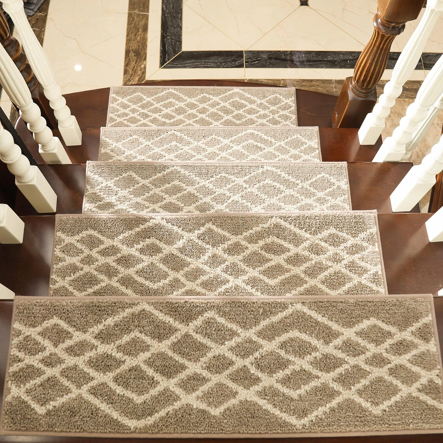 COSY HOMEER Soft Stair Treads Non-Slip Carpet Mat 28inX9in Indoor Stair Runners for Wooden Steps,Stair Rugs for Kids and Dogs, 100% Polyester TPE Backing 4pcs,Beige,Rhombus