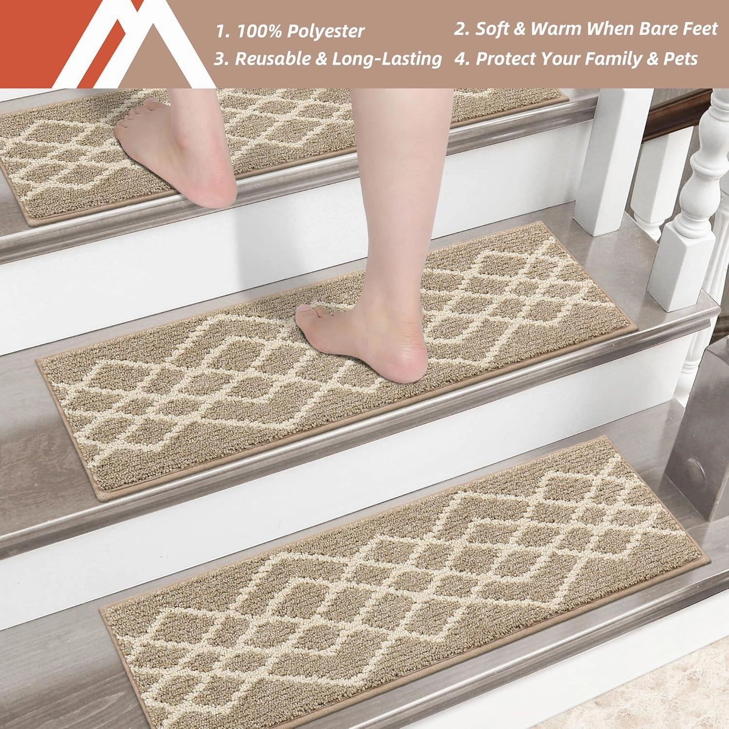 COSY HOMEER Soft Stair Treads Non-Slip Carpet Mat 28inX9in Indoor Stair Runners for Wooden Steps,Stair Rugs for Kids and Dogs, 100% Polyester TPE Backing 4pcs,Beige,Rhombus