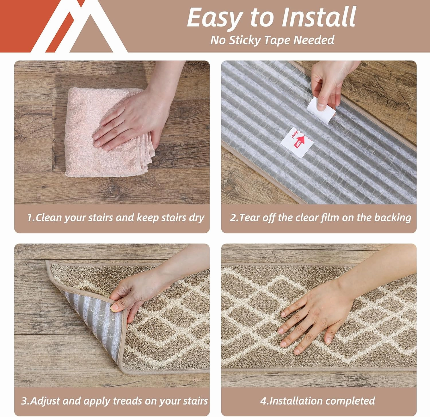 COSY HOMEER Soft Stair Treads Non-Slip Carpet Mat 28inX9in Indoor Stair Runners for Wooden Steps,Stair Rugs for Kids and Dogs, 100% Polyester TPE Backing 4pcs,Beige,Rhombus
