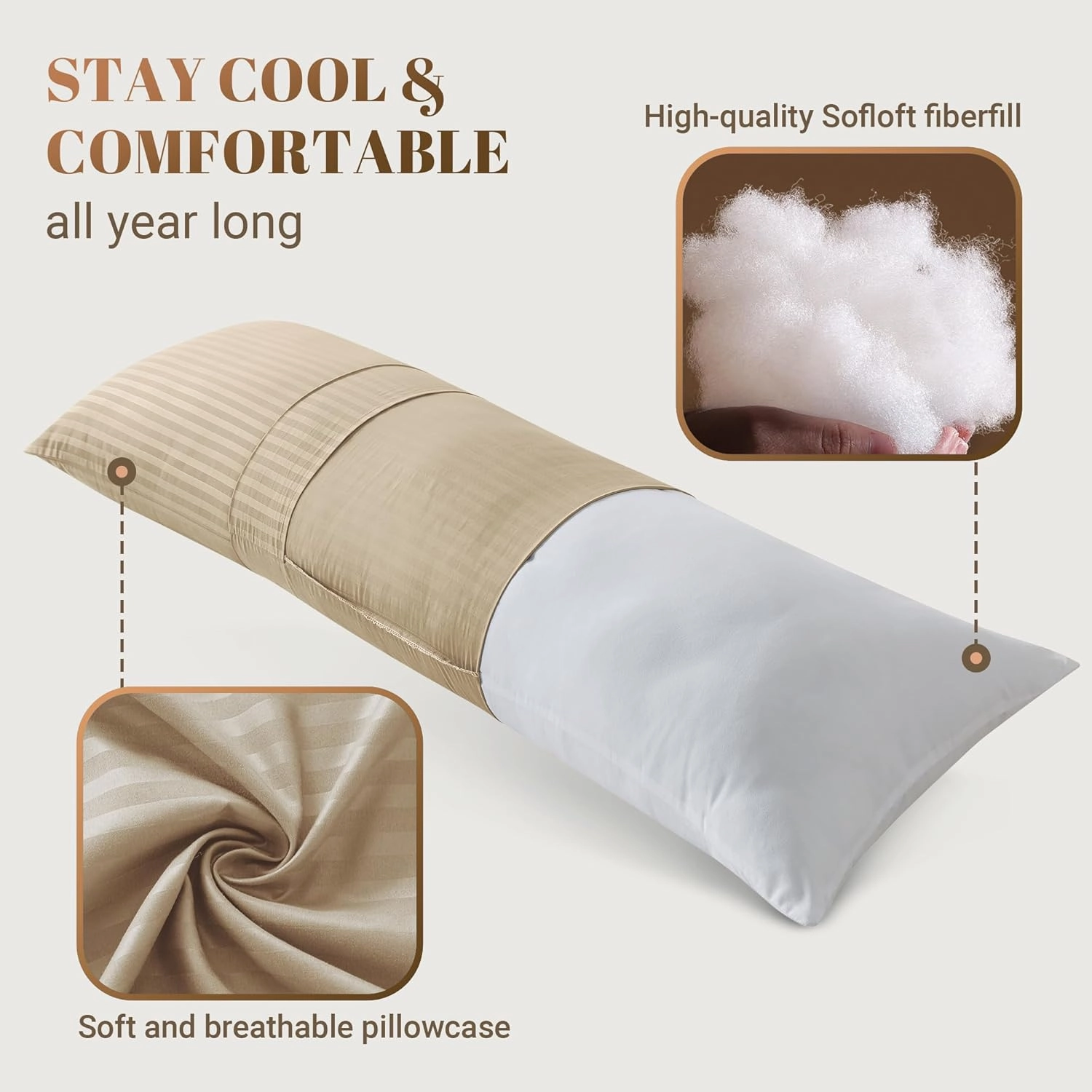 Cosybay Full Body Pillow Insert with Beige Pillowcase - Fluffy Long Bed Pillow for Adults - Firm Large Body Pillow with Washable Cover for Side and Back Sleepers - 20x54 Inch(Beige)