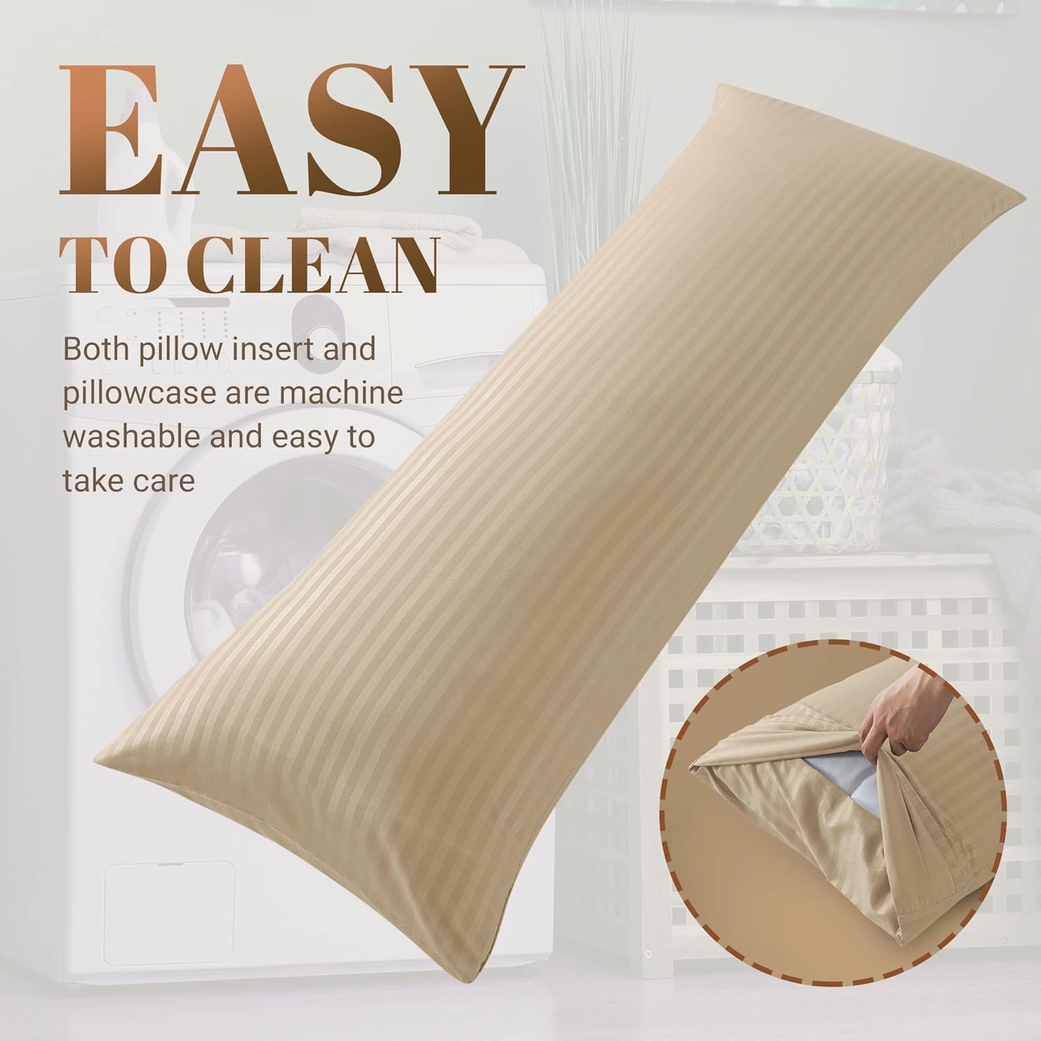 Cosybay Full Body Pillow Insert with Beige Pillowcase - Fluffy Long Bed Pillow for Adults - Firm Large Body Pillow with Washable Cover for Side and Back Sleepers - 20x54 Inch(Beige)