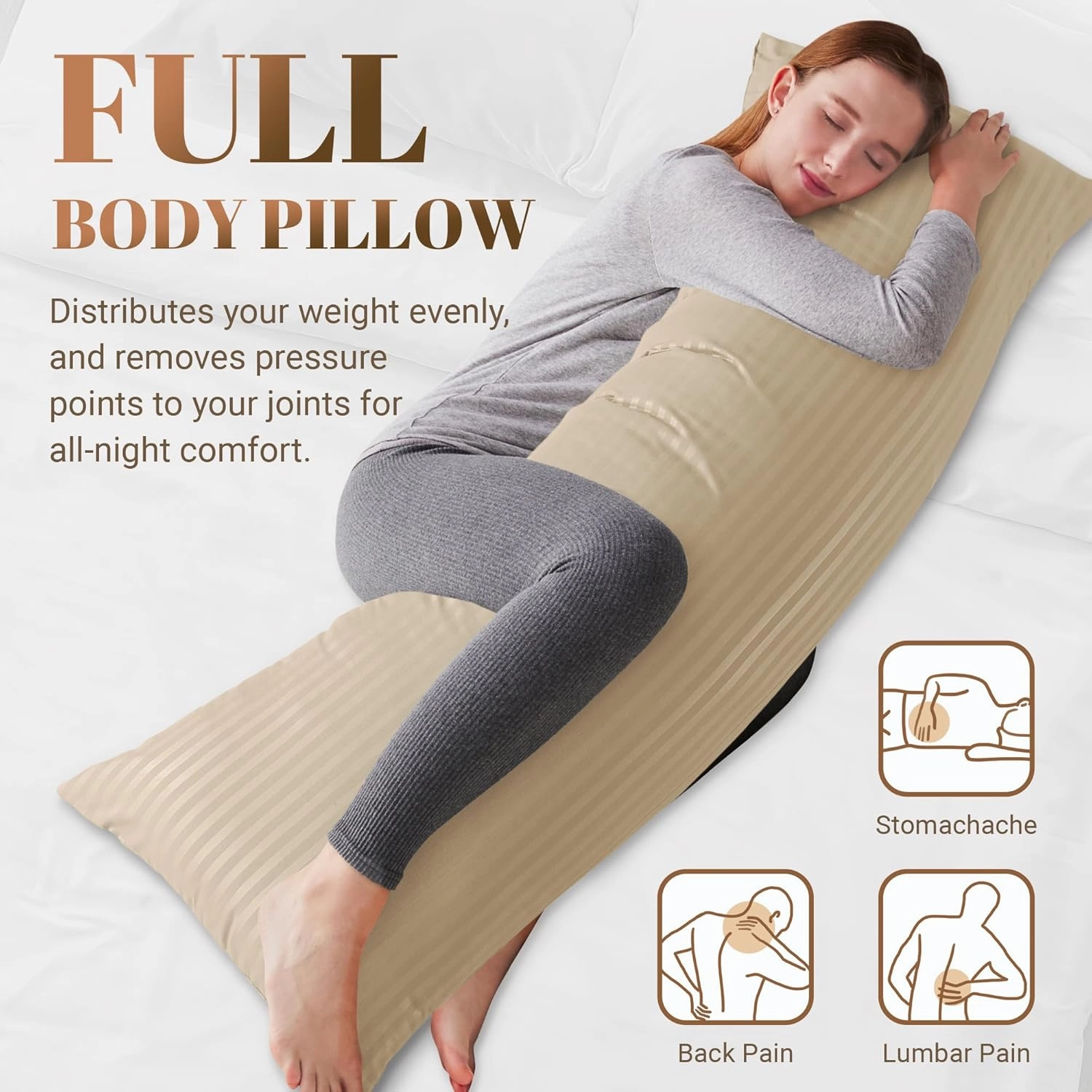 Cosybay Full Body Pillow Insert with Beige Pillowcase - Fluffy Long Bed Pillow for Adults - Firm Large Body Pillow with Washable Cover for Side and Back Sleepers - 20x54 Inch(Beige)
