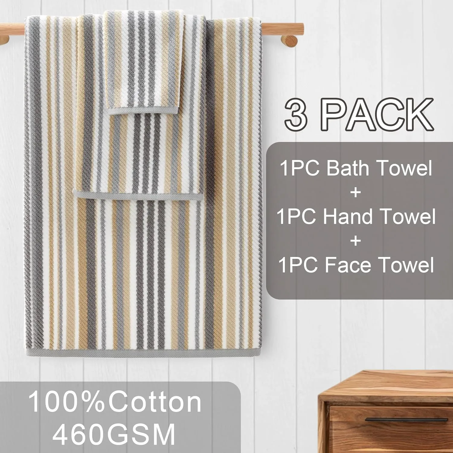 Cotton Towels Set of 3, 3PC Striped Towels - 100% Cotton & Quick Dry - 1 Soft Bath 28"x52", 1 Absorbent Hand 16"x27", 1 Lightweight Washcloth 13"x13", Tan Body Towel with Hanging loop, Gray   Beige