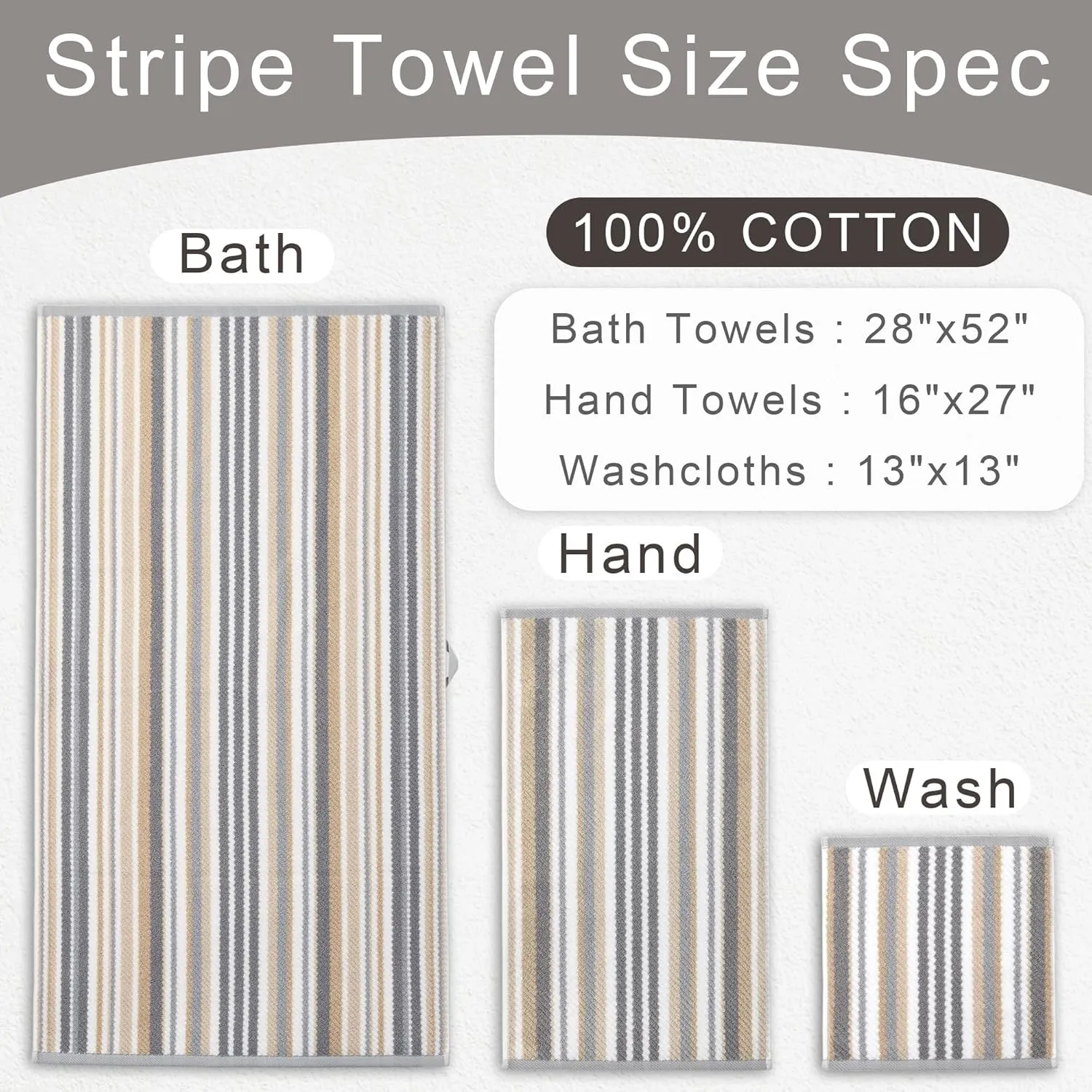 Cotton Towels Set of 3, 3PC Striped Towels - 100% Cotton & Quick Dry - 1 Soft Bath 28"x52", 1 Absorbent Hand 16"x27", 1 Lightweight Washcloth 13"x13", Tan Body Towel with Hanging loop, Gray   Beige