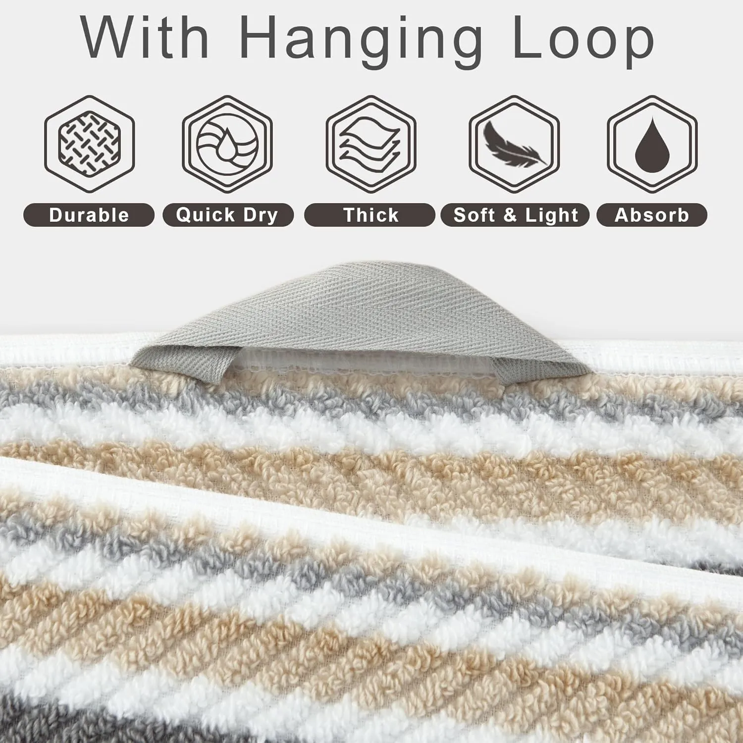 Cotton Towels Set of 3, 3PC Striped Towels - 100% Cotton & Quick Dry - 1 Soft Bath 28"x52", 1 Absorbent Hand 16"x27", 1 Lightweight Washcloth 13"x13", Tan Body Towel with Hanging loop, Gray   Beige