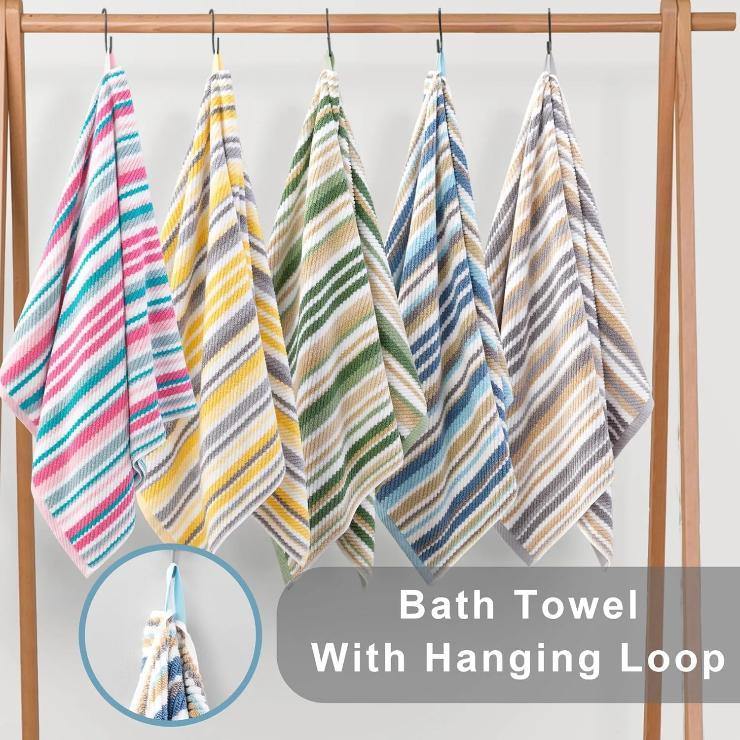 Cotton Towels Set of 3, 3PC Striped Towels - 100% Cotton & Quick Dry - 1 Soft Bath 28"x52", 1 Absorbent Hand 16"x27", 1 Lightweight Washcloth 13"x13", Tan Body Towel with Hanging loop, Gray   Beige