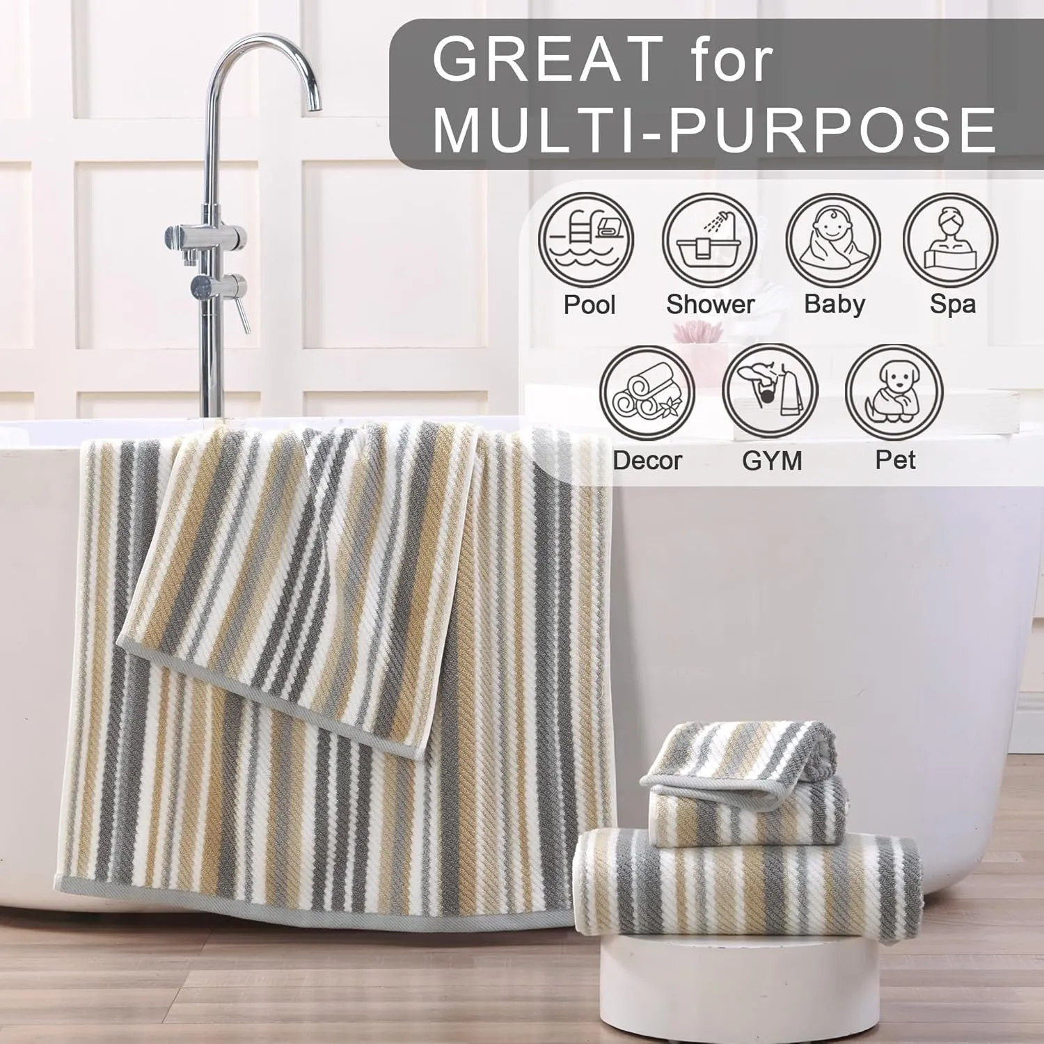 Cotton Towels Set of 3, 3PC Striped Towels - 100% Cotton & Quick Dry - 1 Soft Bath 28"x52", 1 Absorbent Hand 16"x27", 1 Lightweight Washcloth 13"x13", Tan Body Towel with Hanging loop, Gray   Beige