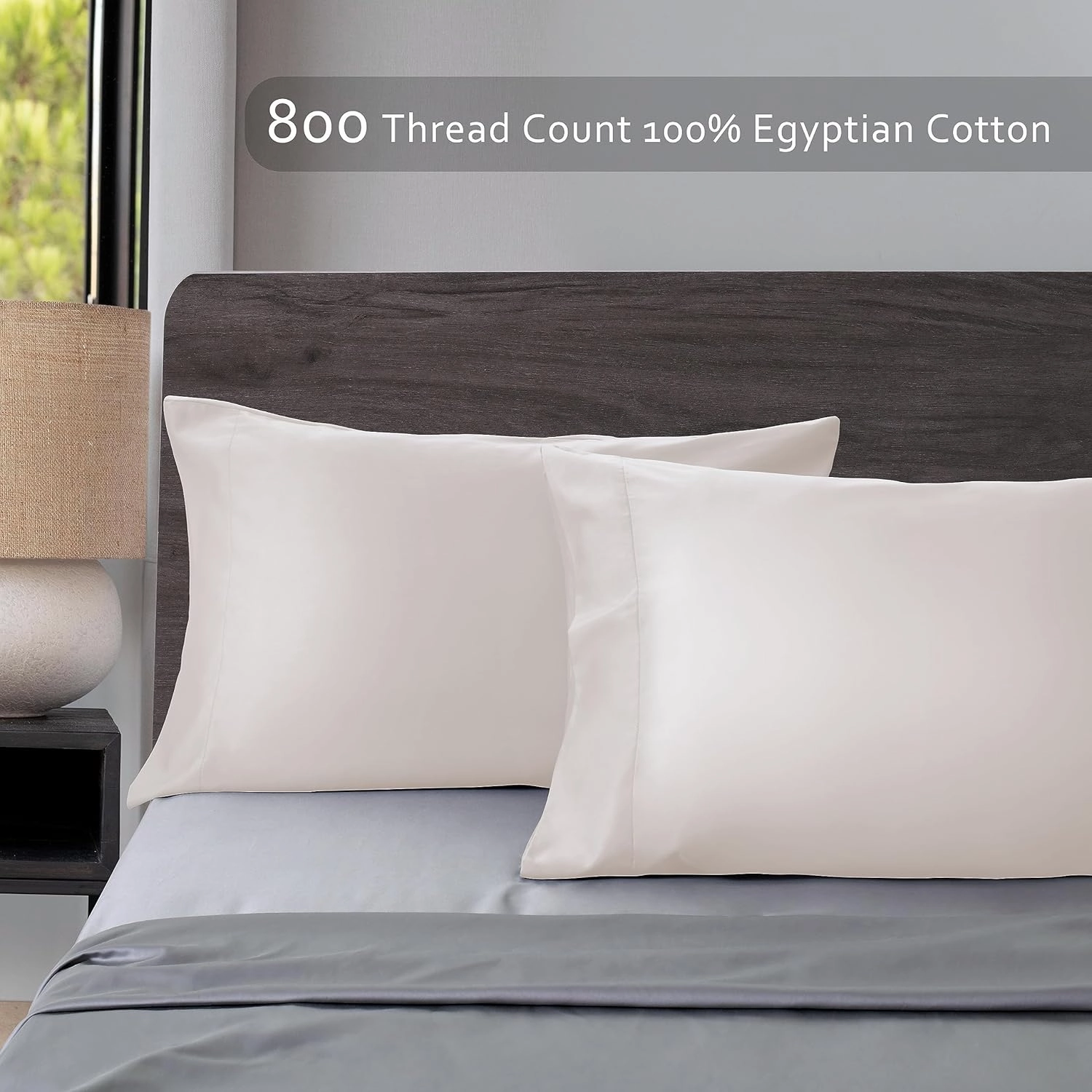 Cotton Pillow Cases Standard Size Set of 2, 800 Thread Count 100% Egyptian Cotton Sateen Weave Pillowcases, Natural Soft & Breathable Pillow Covers with Envelope Closure (Beige 2Pcs)