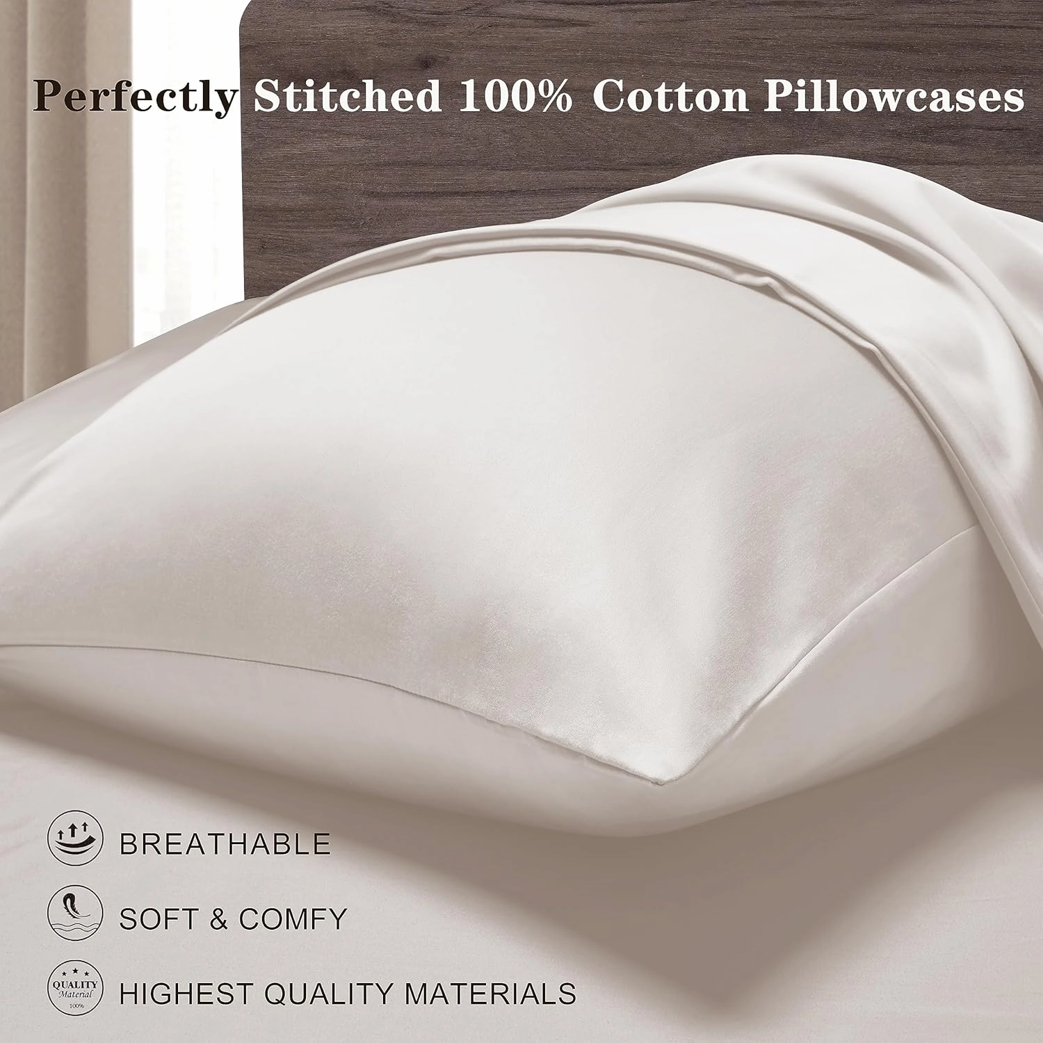 Cotton Pillow Cases Standard Size Set of 2, 800 Thread Count 100% Egyptian Cotton Sateen Weave Pillowcases, Natural Soft & Breathable Pillow Covers with Envelope Closure (Beige 2Pcs)