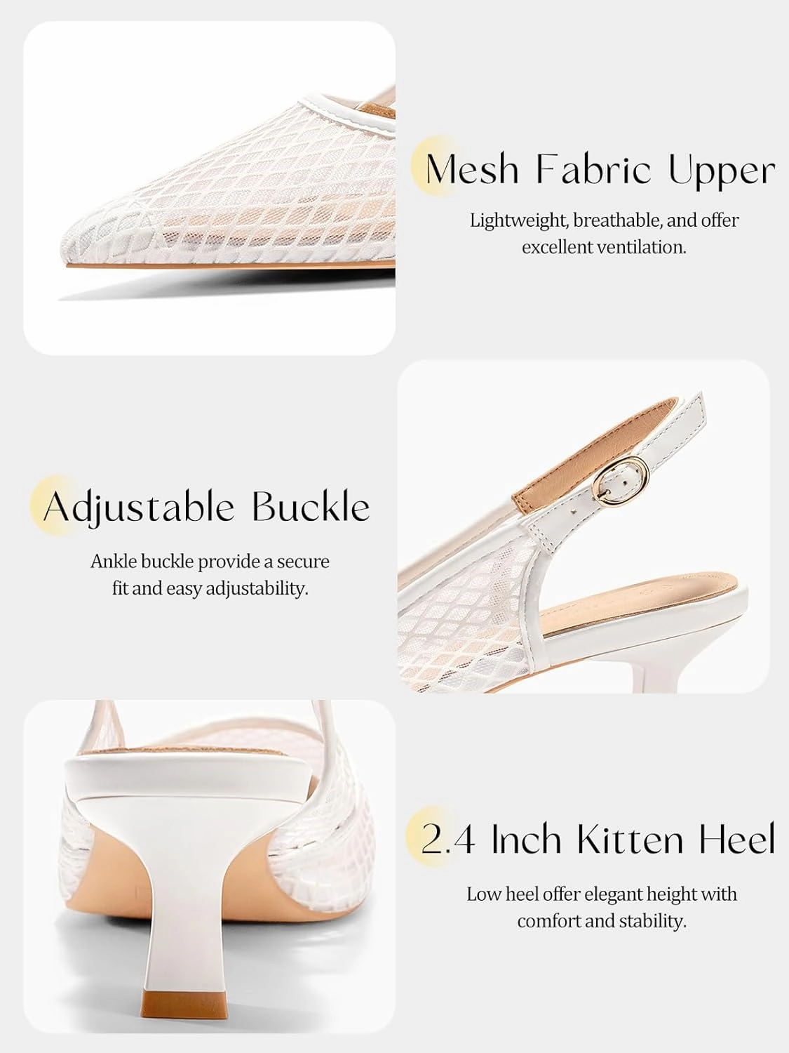 Coutgo Women's Slingback Kitten Low Heels Mesh Pumps Closed Pointed Toe Wedding Work Dress Shoes