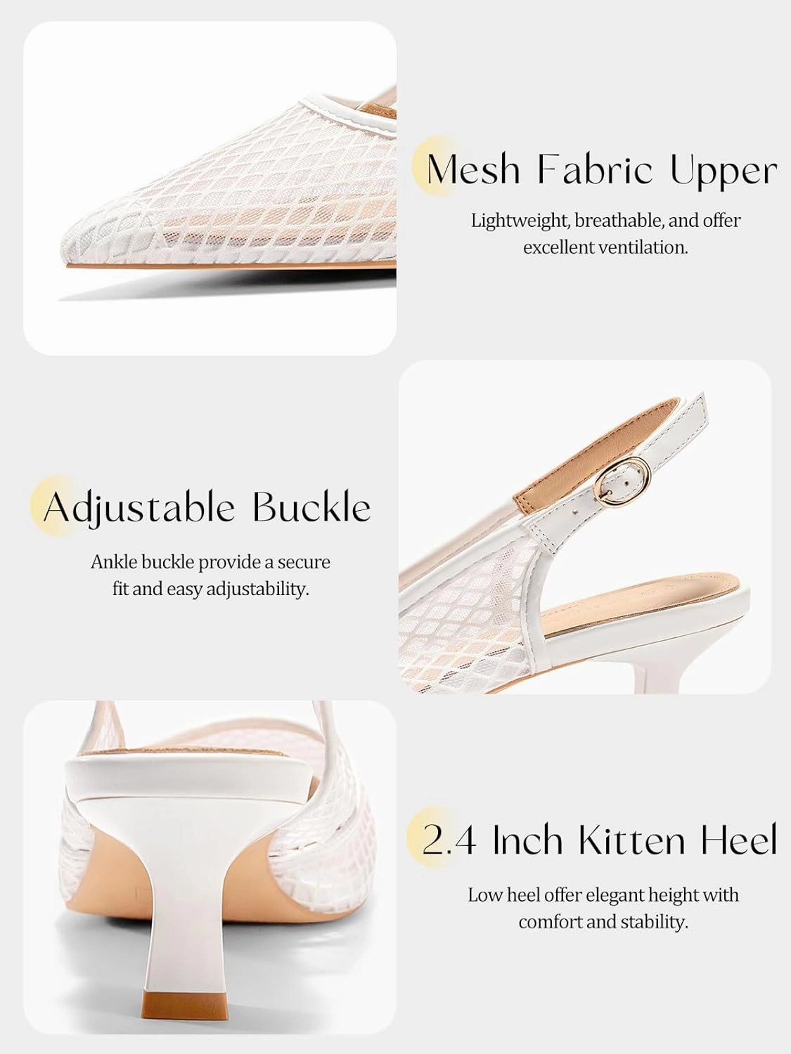 Coutgo Women's Slingback Kitten Low Heels Mesh Pumps Closed Pointed Toe Wedding Work Dress Shoes