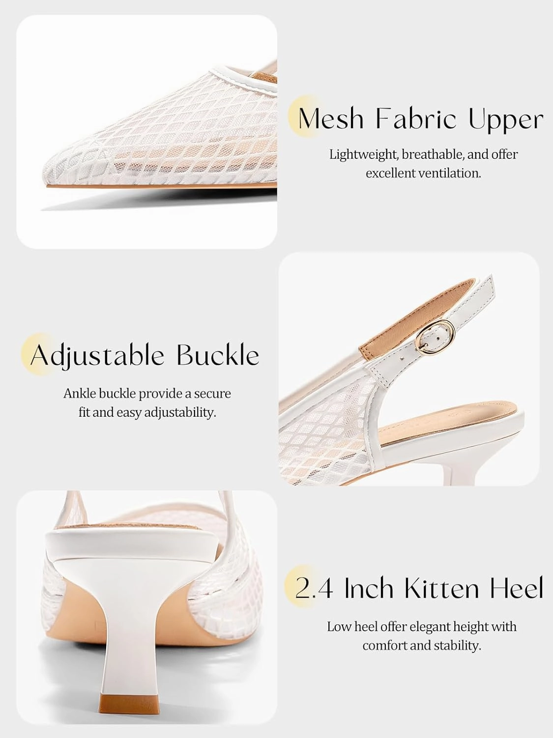 Coutgo Women's Slingback Kitten Low Heels Mesh Pumps Closed Pointed Toe Wedding Work Dress Shoes