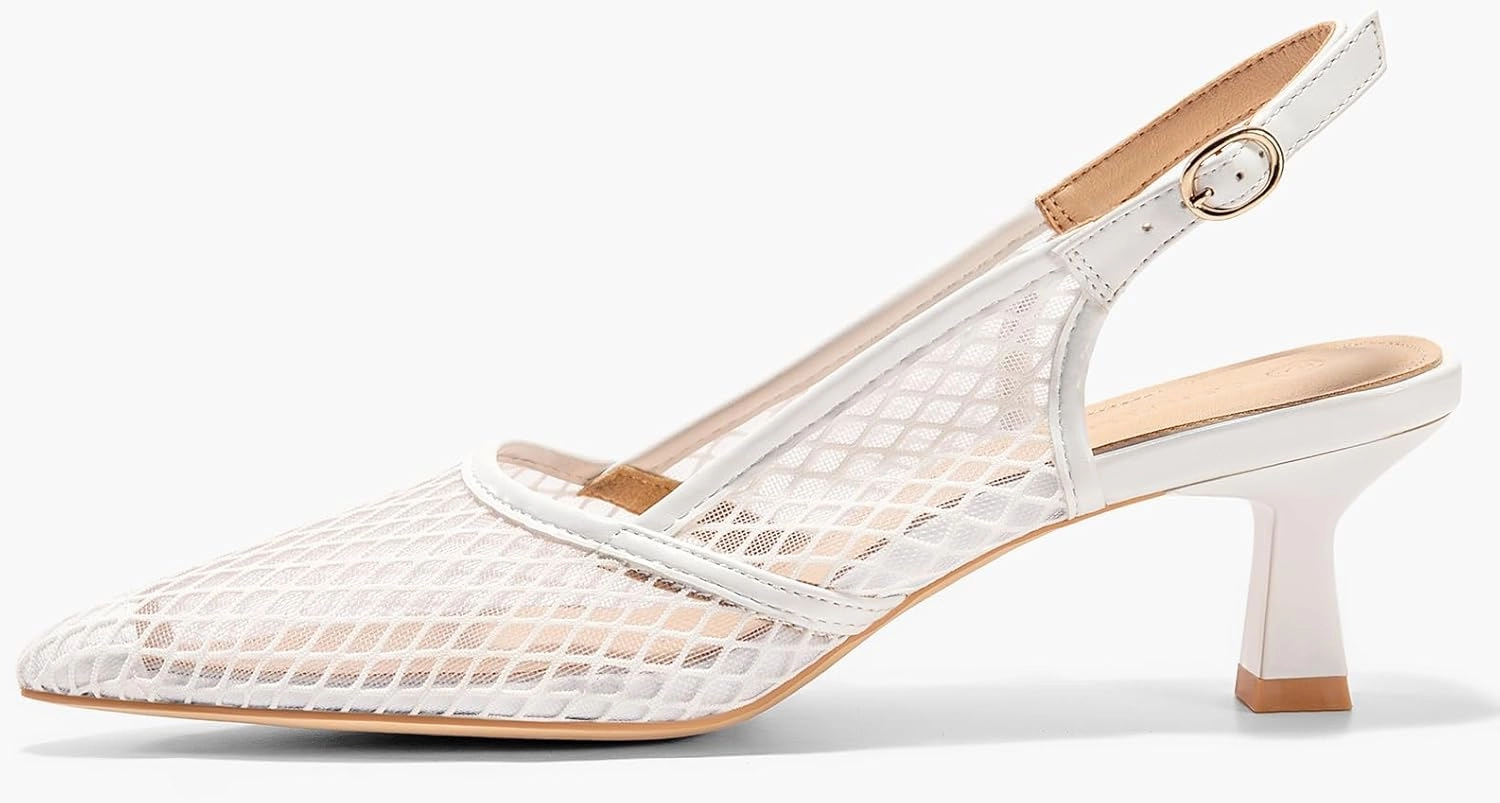 Coutgo Women's Slingback Kitten Low Heels Mesh Pumps Closed Pointed Toe Wedding Work Dress Shoes