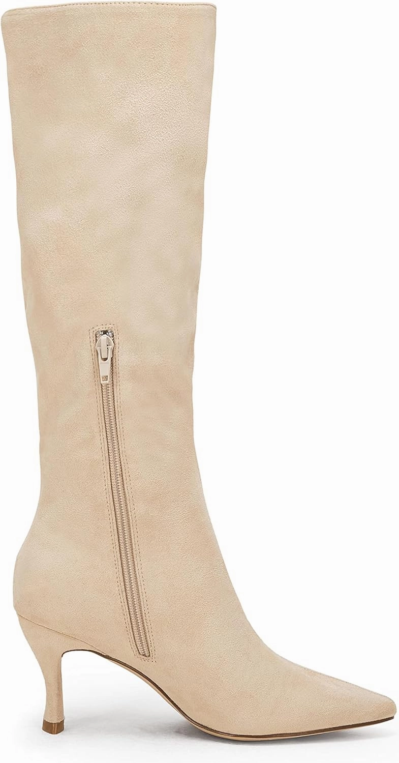 Coutgo Womens Knee High Boots Pointed Toe Kitten Heel Side Zipper Stretchy Vegan Suede Comfort Fall Winter Boot