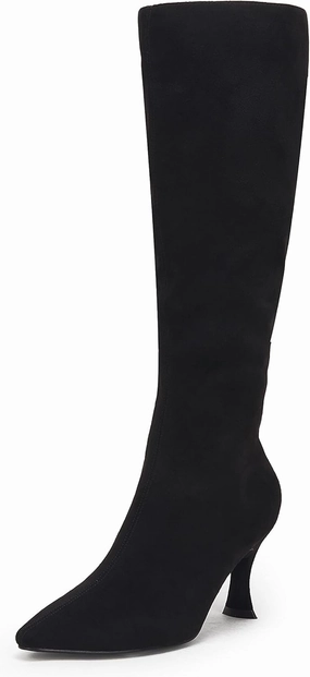 Coutgo Womens Knee High Boots Pointed Toe Kitten Heel Side Zipper Stretchy Vegan Suede Comfort Fall Winter Boot