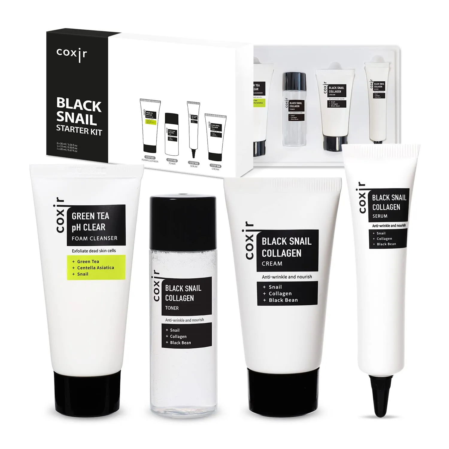 coxir BLACK SNAIL COLLAGEN STARTER KIT l Repairing&Firming | Black-3-Complex: Black Rice, Bean, Sesame, Snail Mucin, Collagen FOAM CLEANSER TONER SERUM CREAM [3.19 fl.oz (Pack of 1)]