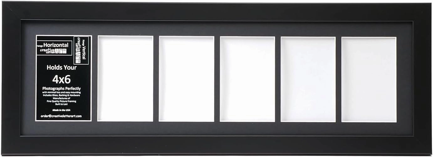 Creative Letter Art 4” x 6” Multiple Opening Picture Frame Collage with 6 holes, Manhattan Black Frame with 8 x 26-inch Black Mat, Full-Strength Glass, Photo Collage for Wall, 6 Openings