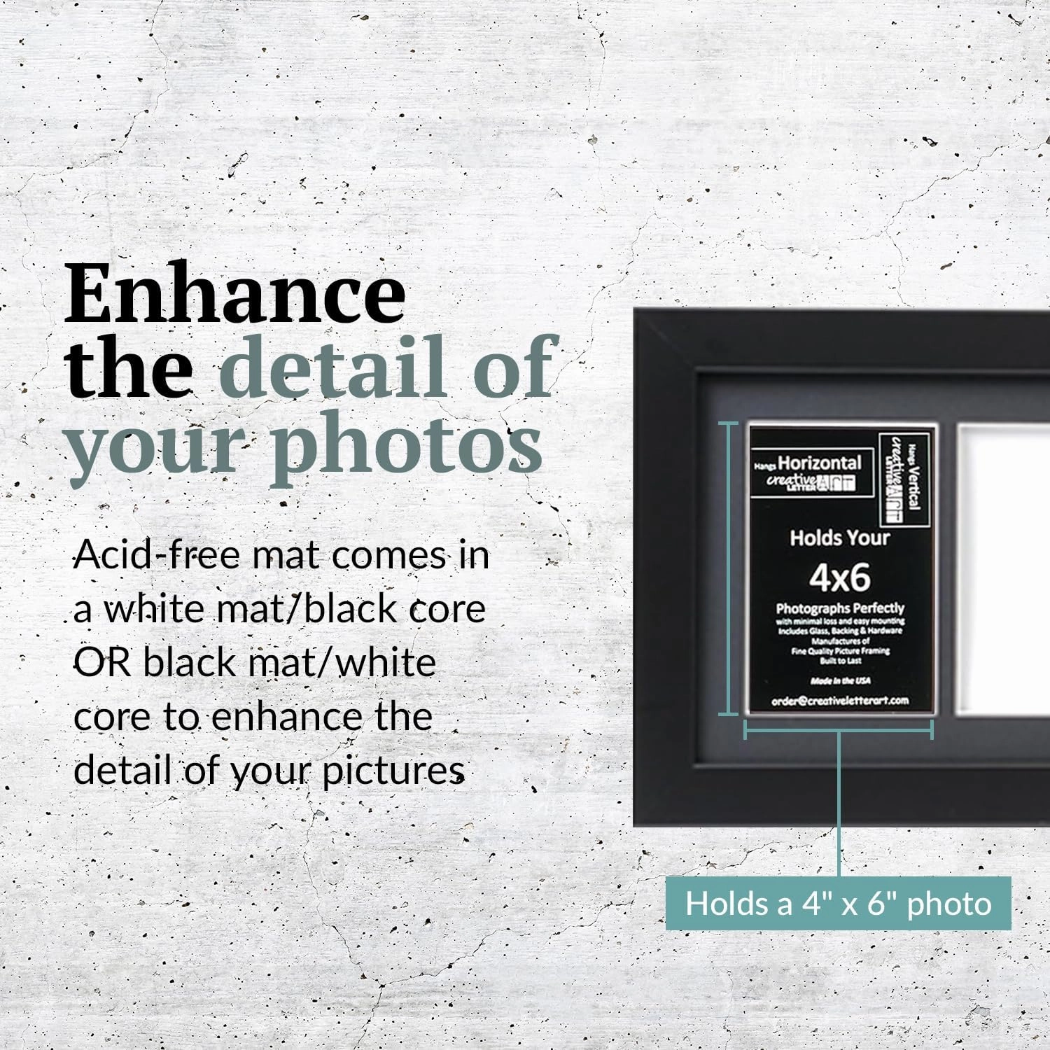 Creative Letter Art 4” x 6” Multiple Opening Picture Frame Collage with 6 holes, Manhattan Black Frame with 8 x 26-inch Black Mat, Full-Strength Glass, Photo Collage for Wall, 6 Openings
