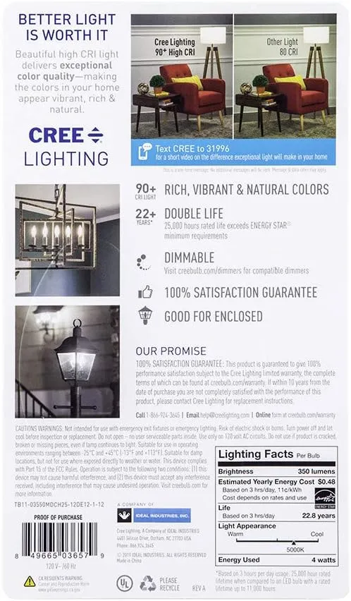 Cree Lighting B11 Clear Glass Filament Candelabra 40W Equivalent LED Bulb, 350 lumens, Dimmable, Daylight 5000K, 25,000 Hour Rated Life, 90  CRI, Good for Enclosed | 2-Pack