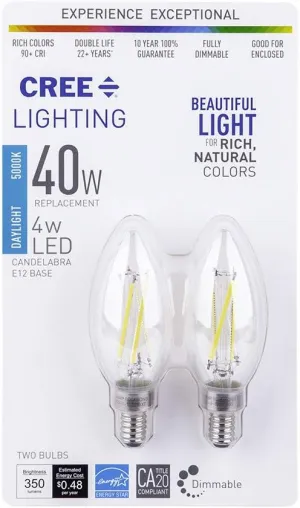 Cree Lighting B11 Clear Glass Filament Candelabra 40W Equivalent LED Bulb, 350 lumens, Dimmable, Daylight 5000K, 25,000 Hour Rated Life, 90  CRI, Good for Enclosed | 2-Pack