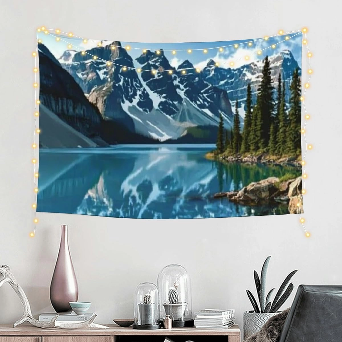 Creowell Mountain Lake Tapestry Wall Hanging, Snow Capped Mountains and Trees Design, 100% Polyester Fabric for Living Room and Bedroom Decoration 60x40in