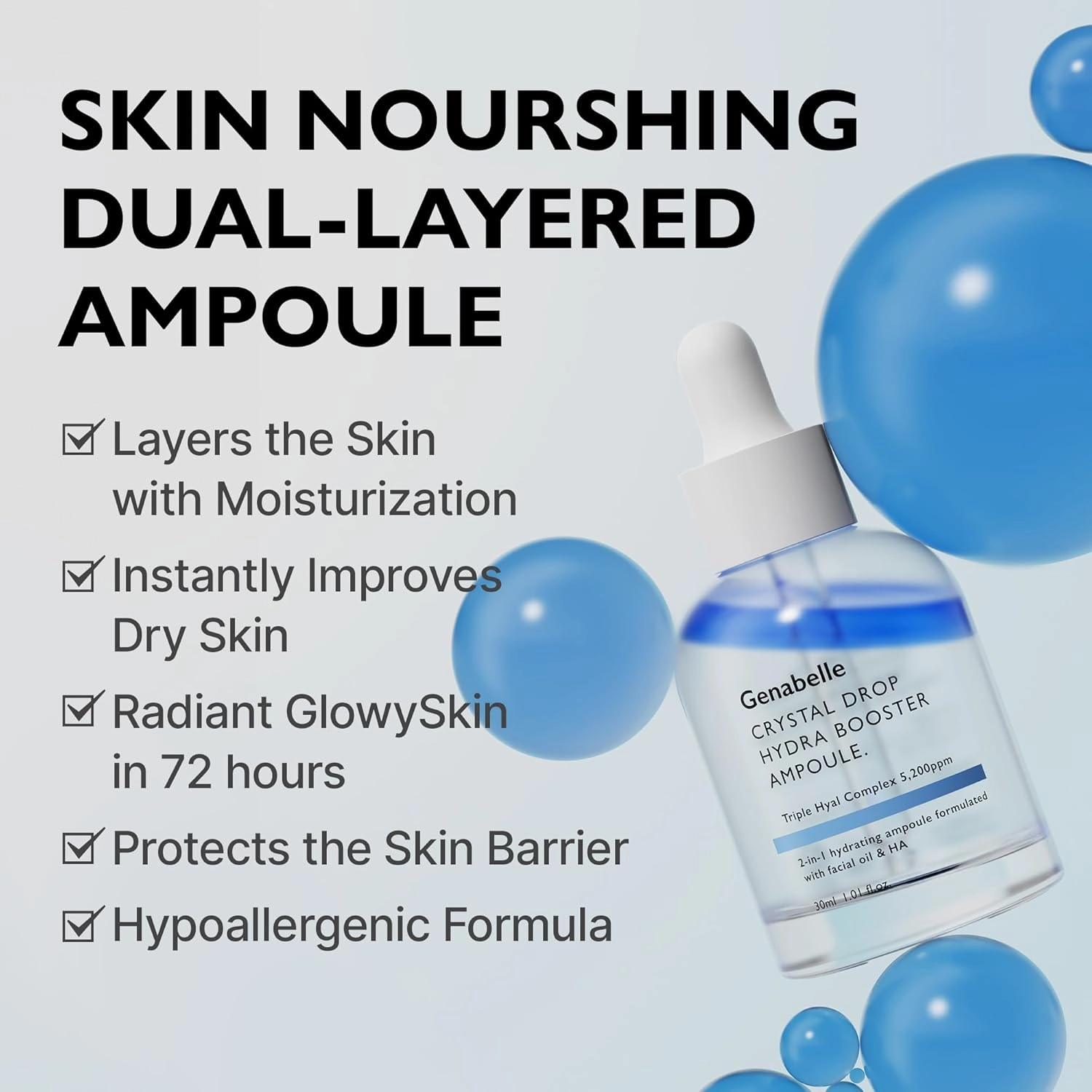 Crystal Drop Hydra Booster Ampoule – Hydrating Serum with Hyaluronic Acid, Panthenol & Jojoba Oil for Skin Barrier and Glow – 1.01 fl.oz