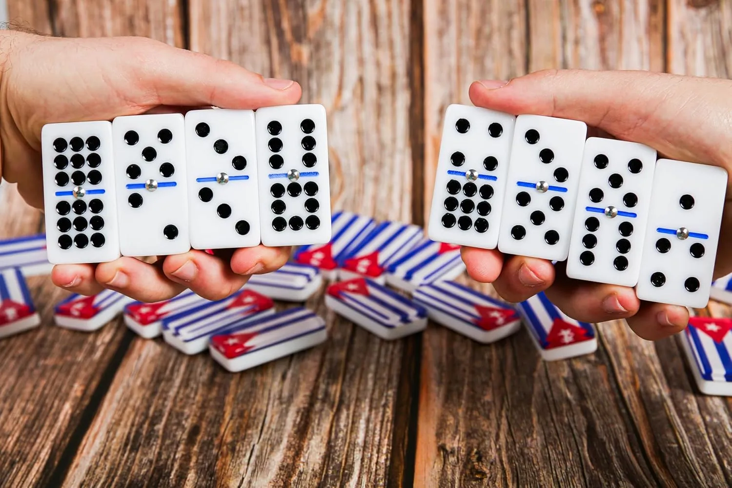 Cuban Flag Dominoes Set, Clear Acrylic Design with Black Pips & Blue Divider, Dominoes Set for Adults, Double 9, 55 Tiles in White Wooden Box