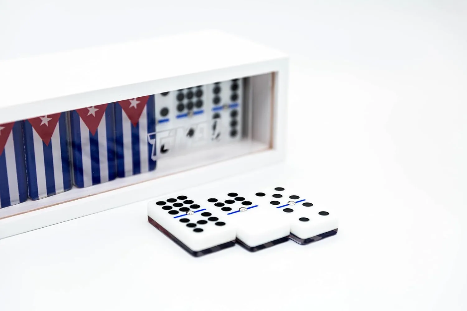 Cuban Flag Dominoes Set, Clear Acrylic Design with Black Pips & Blue Divider, Dominoes Set for Adults, Double 9, 55 Tiles in White Wooden Box