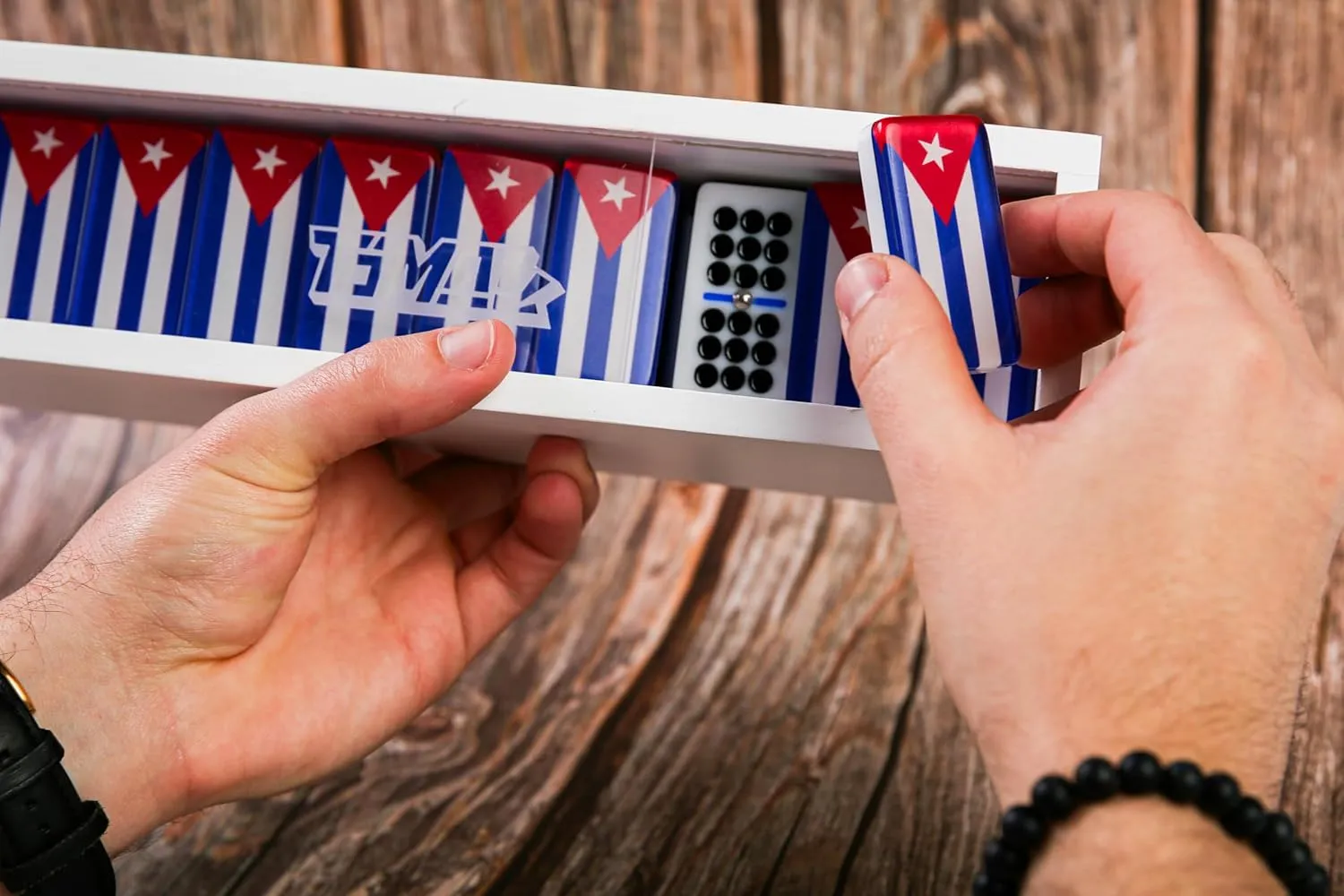 Cuban Flag Dominoes Set, Clear Acrylic Design with Black Pips & Blue Divider, Dominoes Set for Adults, Double 9, 55 Tiles in White Wooden Box
