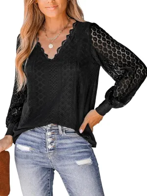 CUPSHE Long Sleeve Tops for Women Eyelet Scalloped Lace V Neck Blouse Casual Loose Fashion Shirts